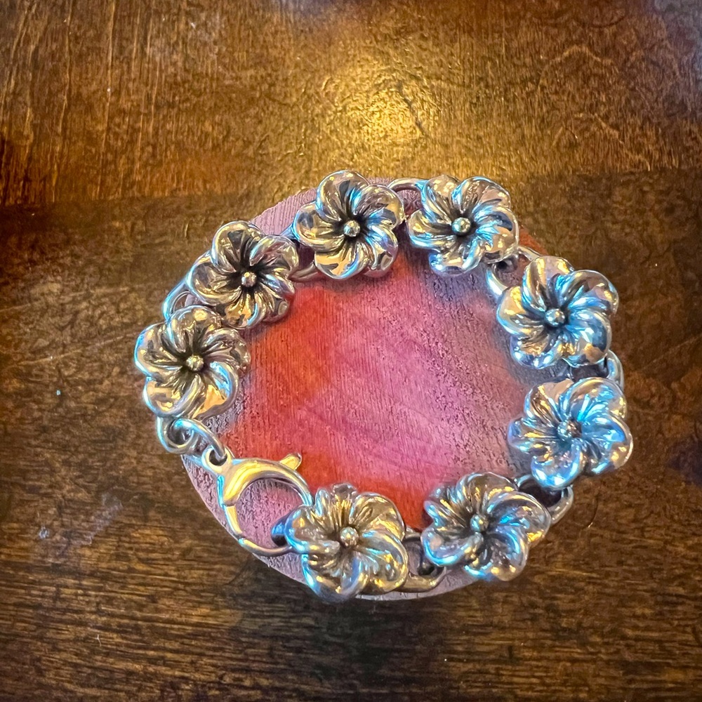 Vintage 925 Sterling Silver Thailand Hibiscus Blooming Flower Bracelet